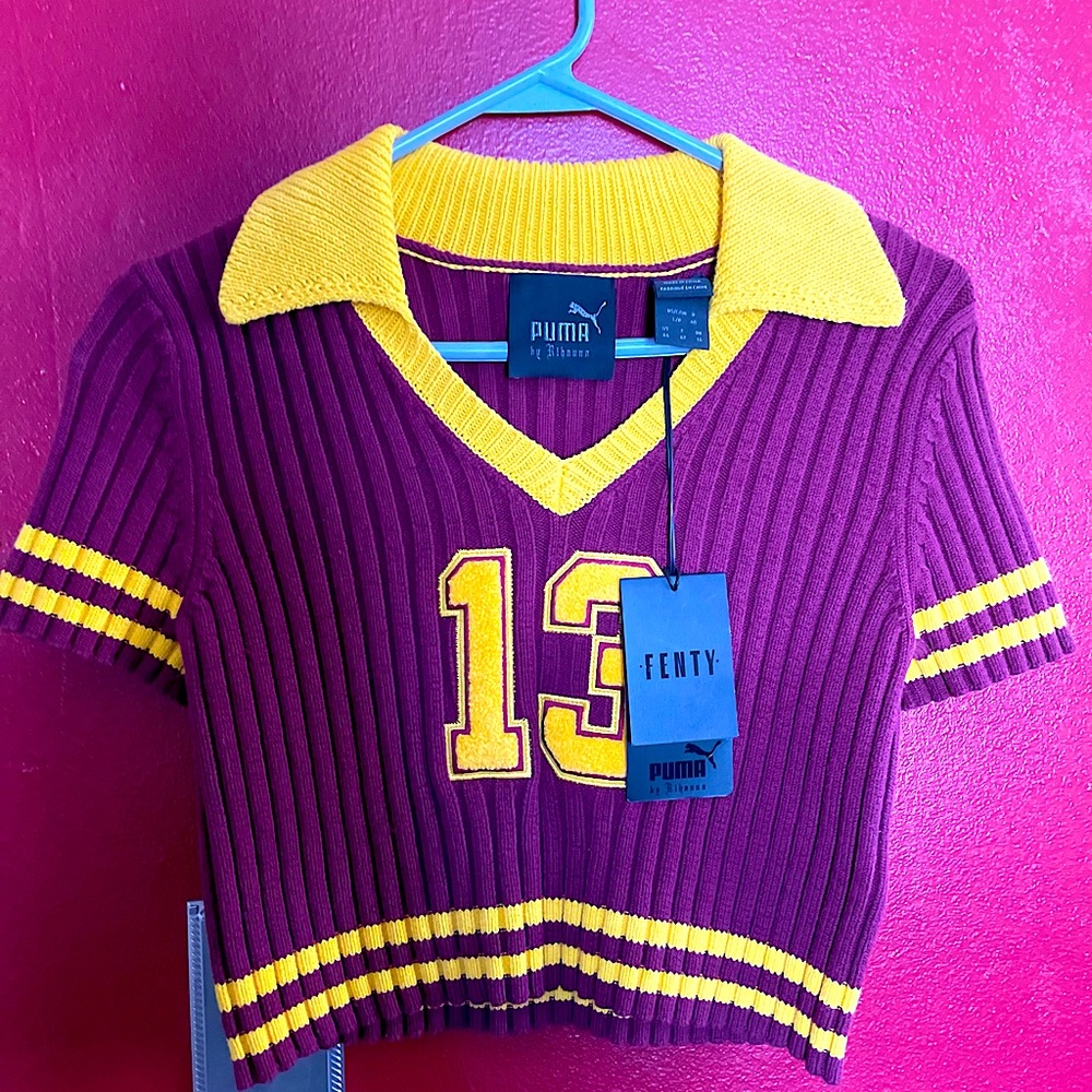 Fenty x Puma Collab, cropped sweater with a bold 13 patch on the front